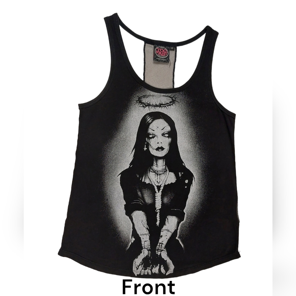 Too Fast Graphic Image Gothic Rave Tank Top with Mesh Inverted Cross Detailing